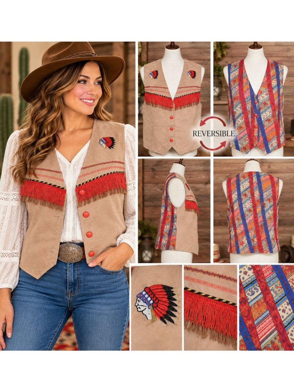 VTG Reversible Western Vest Womens M Fringe Faux Suede Southwestern Boho